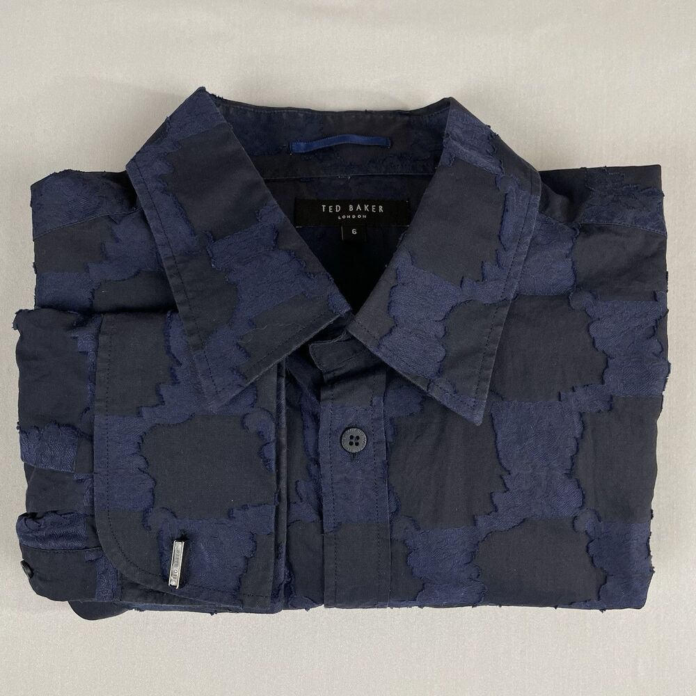 Ted Baker London Button Down Shirt Mens 6/XL Black Blue Floral Overlay Cufflinks